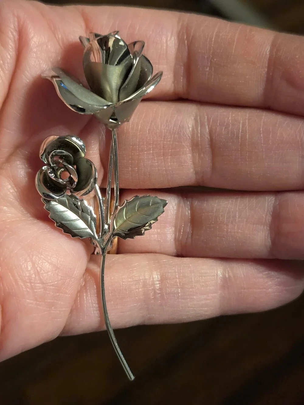 Vintage Silver Tone Rose Long Polished and Matte Floral Brooch Pin